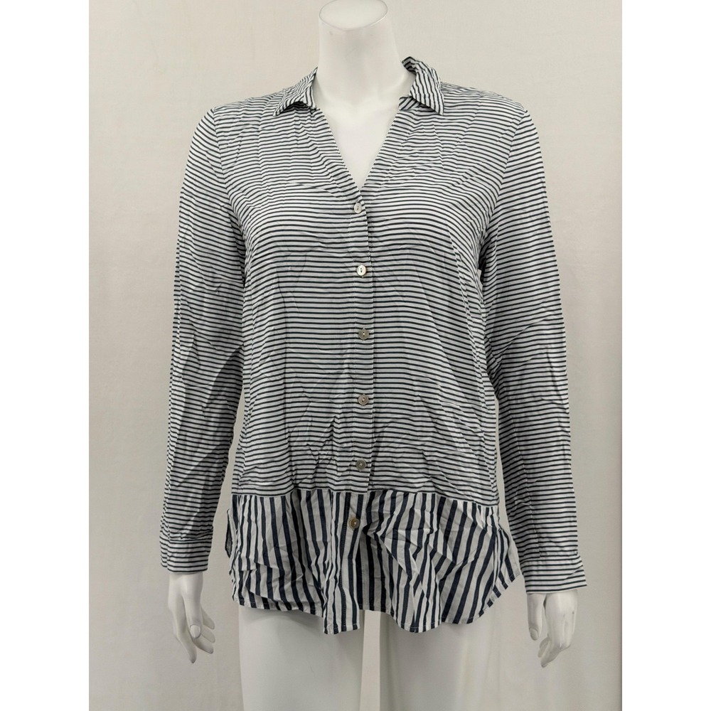 J Jill Top Womens Small Blue White Stripe Button Up Long Sleeve Sheer Tunic